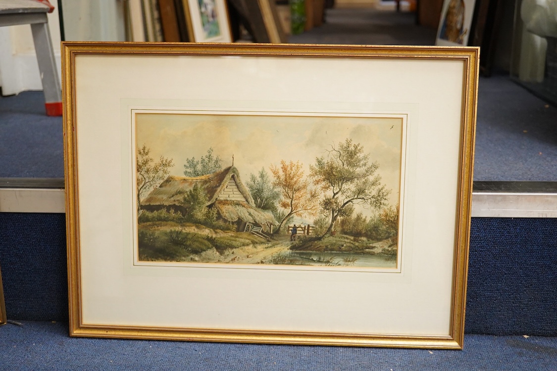 Four watercolours to include Wilmot Pilsbury, ‘On the Soar near Barrow Mill, Rutland’, Henry George Hine, ‘A Windmill by a Canal’ and Francis Nicholson, ‘Figures on a Bridge’, some with labels verso, largest 24 x 34cm